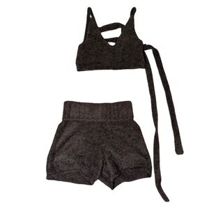 Out From Under Womens Brown Fuzzy Lounge Set Crop Top Tie Back Shorts